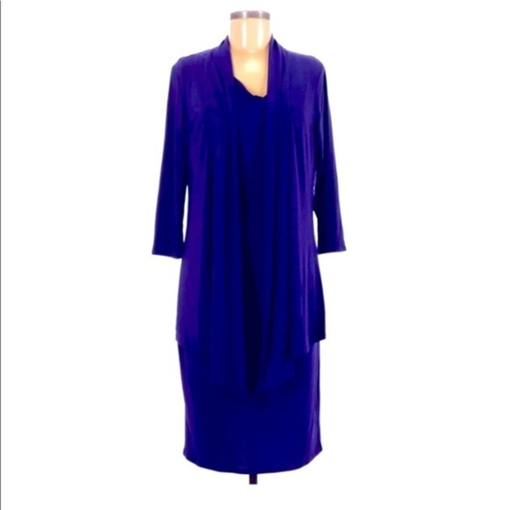 Evan Picone 6 blue drape neck layered look attached shrug sheath stretch dress